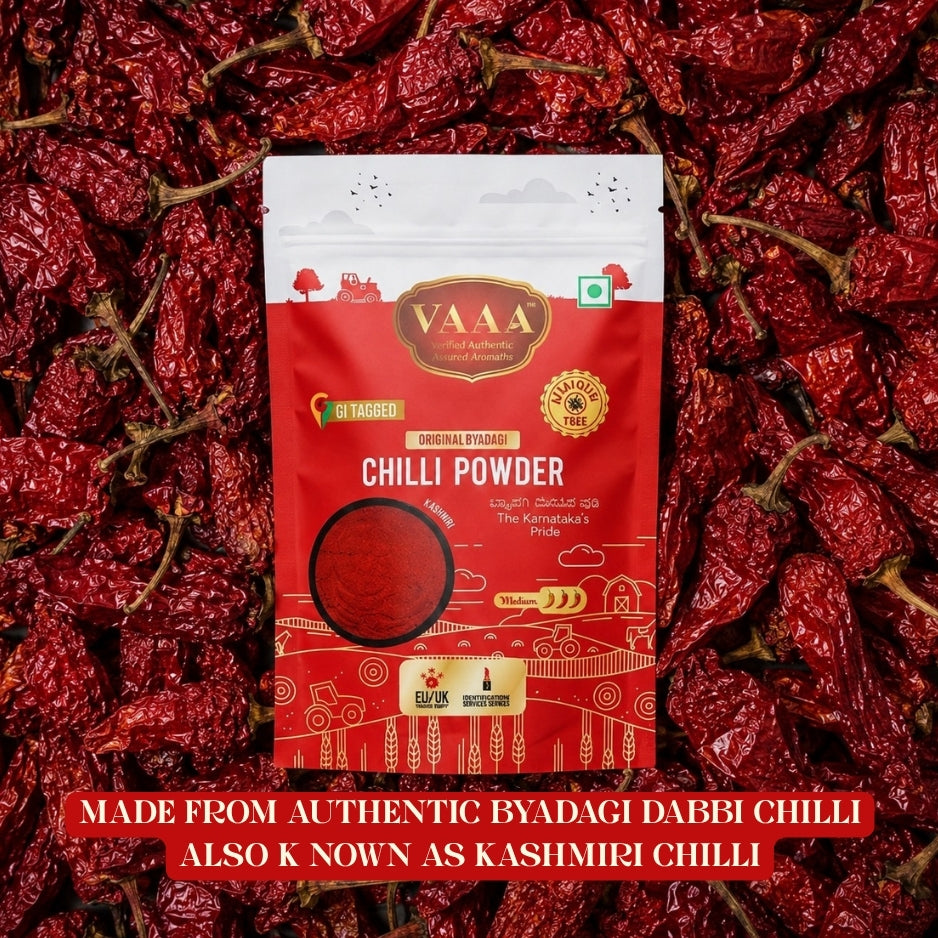 VAAA GI Tagged Byadagi Dabbi (Deluxe) Chilli Powder – Natural Deep Red Colour – Low Spice Kashmiri Style Chilli Powder – No Artificial Colour - 500 Grams.