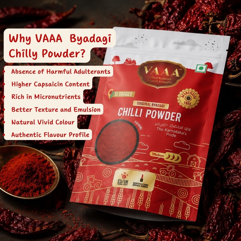 VAAA GI Tagged Byadagi Dabbi (Deluxe) Chilli Powder – Natural Deep Red Colour – Low Spice Kashmiri Style Chilli Powder – No Artificial Colour - 500 Grams.