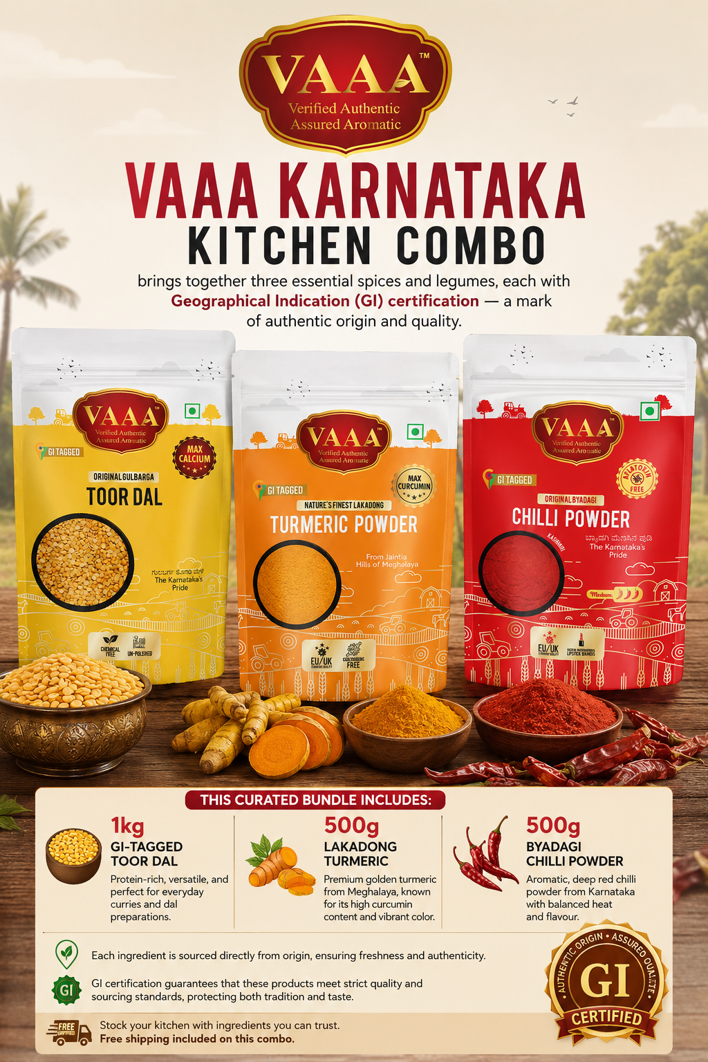 VAAA Karnataka Kitchen Combo – GI Tagged Toor Dal (1kg) + Lakadong Turmeric (500g) + Byadagi Chilli Powder (500g)