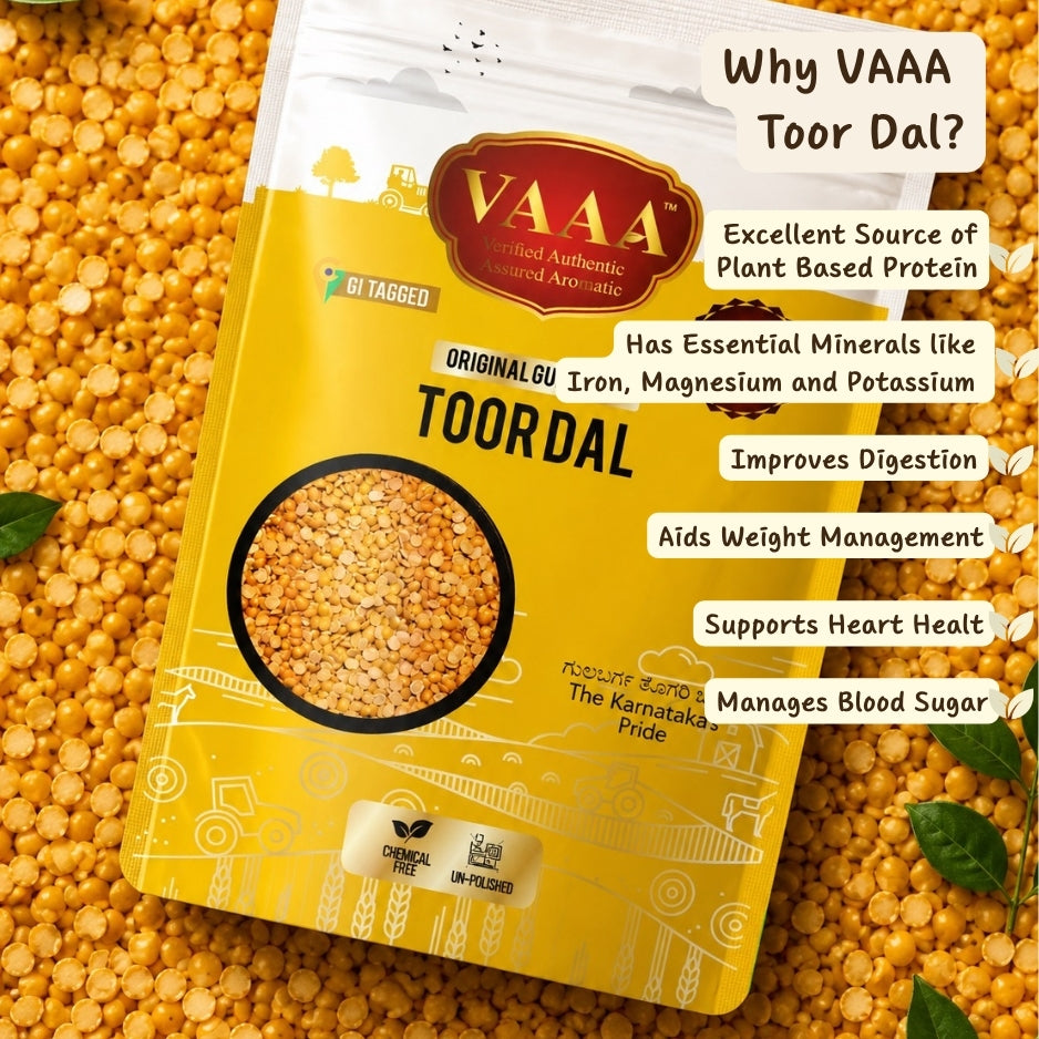 VAAA GI Tagged Kalaburagi Toor Dal – Tur Dal / Arhar Dal / Togari Bele – Premium Unpolished High Calcium Split Pigeon Peas – 1 kg (2×500 g)