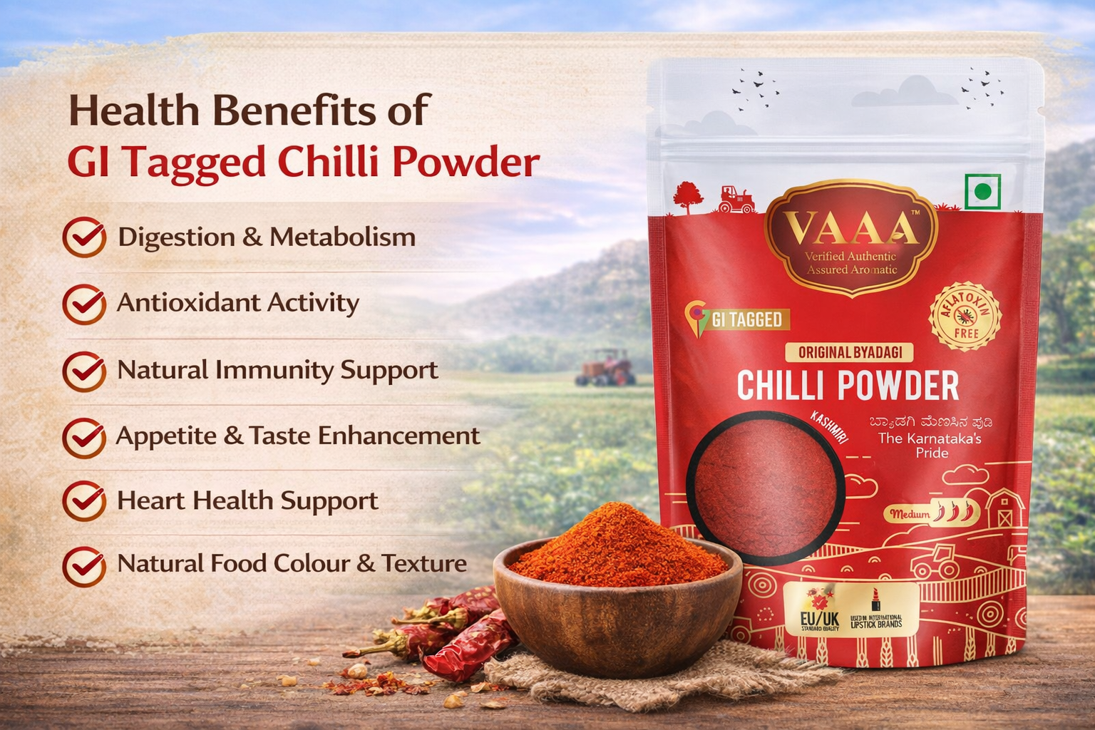 VAAA GI Tagged Byadagi Dabbi (Deluxe) Chilli Powder – Natural Deep Red Colour – Low Spice Kashmiri Style Chilli Powder – No Artificial Colour - 500 Grams.