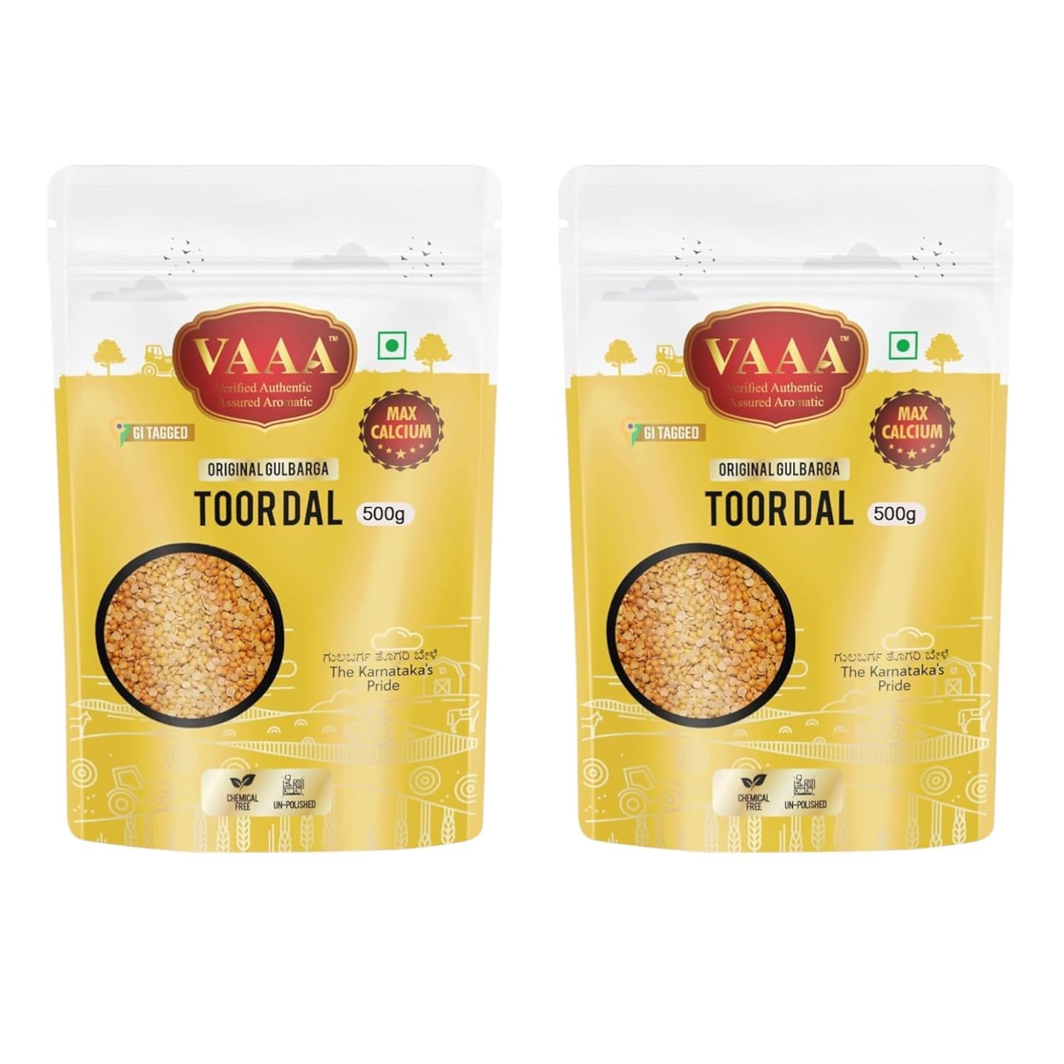 VAAA GI Tagged Kalaburagi Toor Dal – Tur Dal / Arhar Dal / Togari Bele – Premium Unpolished High Calcium Split Pigeon Peas – 1 kg (2×500 g)