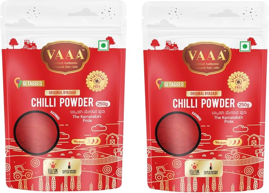 VAAA GI Tagged Byadagi Dabbi (Deluxe) Chilli Powder – Natural Deep Red Colour – Low Spice Kashmiri Style Chilli Powder – No Artificial Colour - 500 Grams.