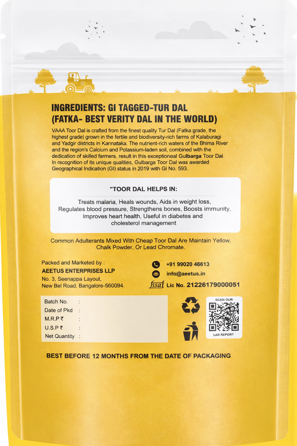 VAAA GI Tagged Kalaburagi Toor Dal – Tur Dal / Arhar Dal / Togari Bele – Premium Unpolished High Calcium Split Pigeon Peas – 1 kg (2×500 g)